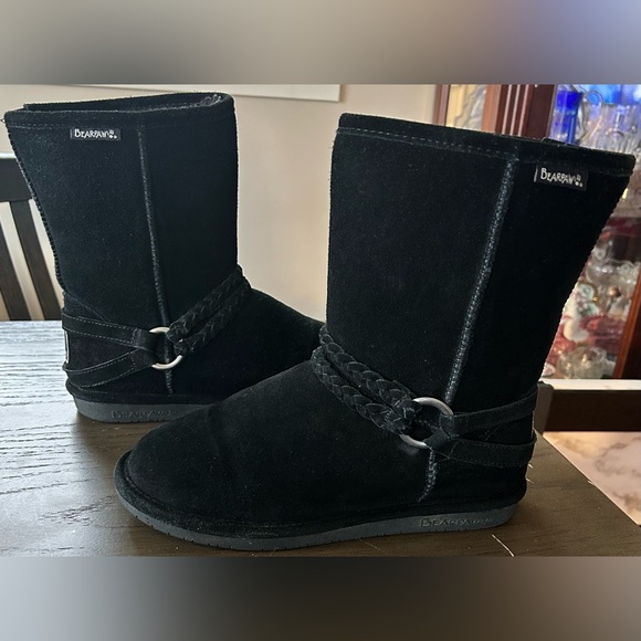 BearPaw Adele Women's Black Suede Winter Boots with Braided Strap & Buckle - Picture 4 of 9